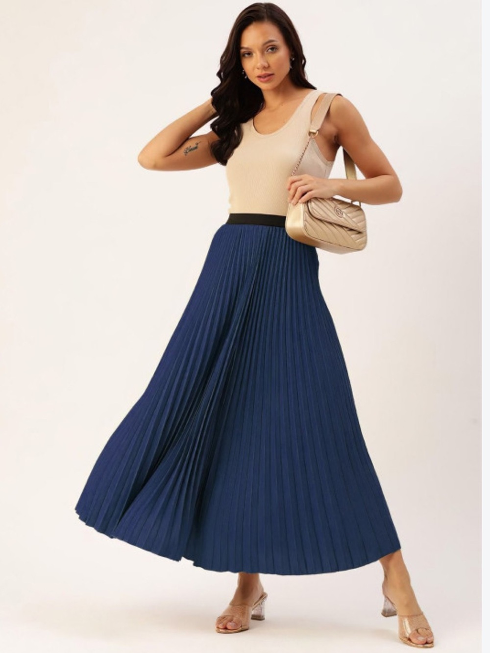 BCBGMaxAzria Navy Blue Pleated Maxi Skirt